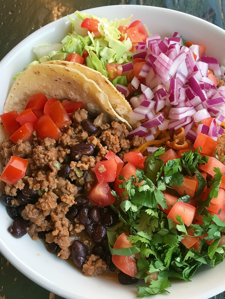 Overhead shot of homemade Chipotle burrito bowl with chicken and guacamole