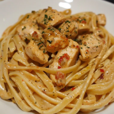 Creamy Cajun chicken pasta in a skillet garnished with parsley