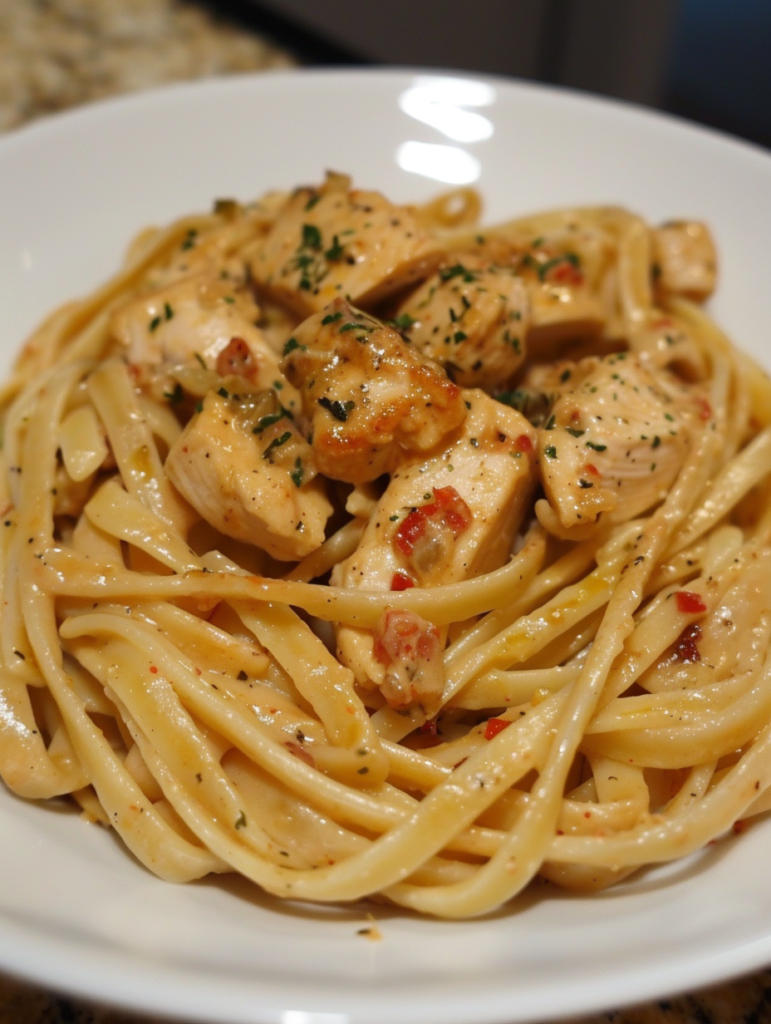 Creamy Cajun chicken pasta in a skillet garnished with parsley