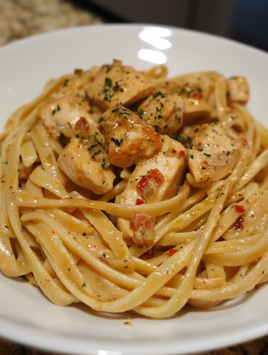 Creamy Cajun chicken pasta in a skillet garnished with parsley