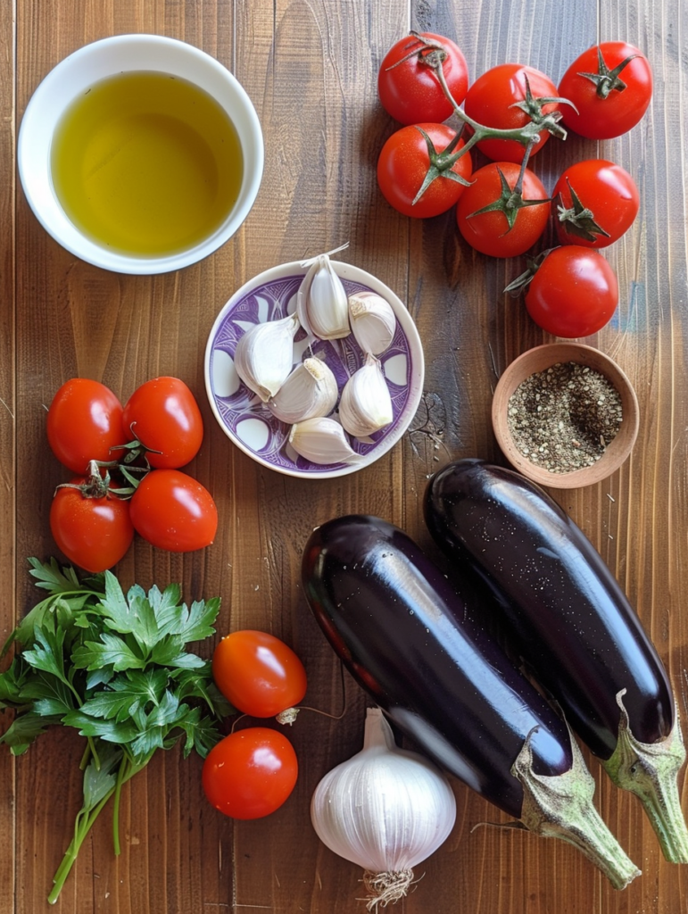 Eggplant stew ingredients laid out on a table