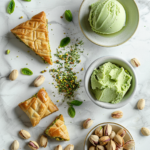 Pistachio desserts including gelato, cookies, and baklava