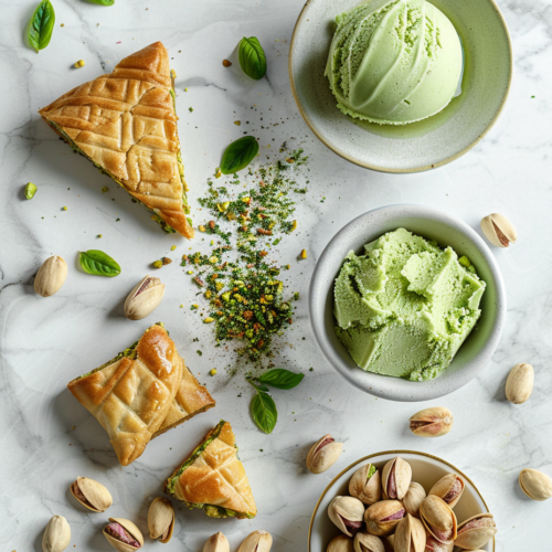 Pistachio desserts including gelato, cookies, and baklava