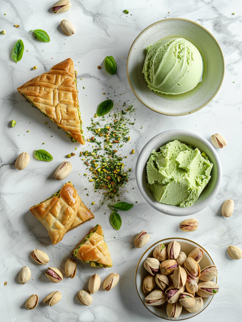 Pistachio desserts including gelato, cookies, and baklava