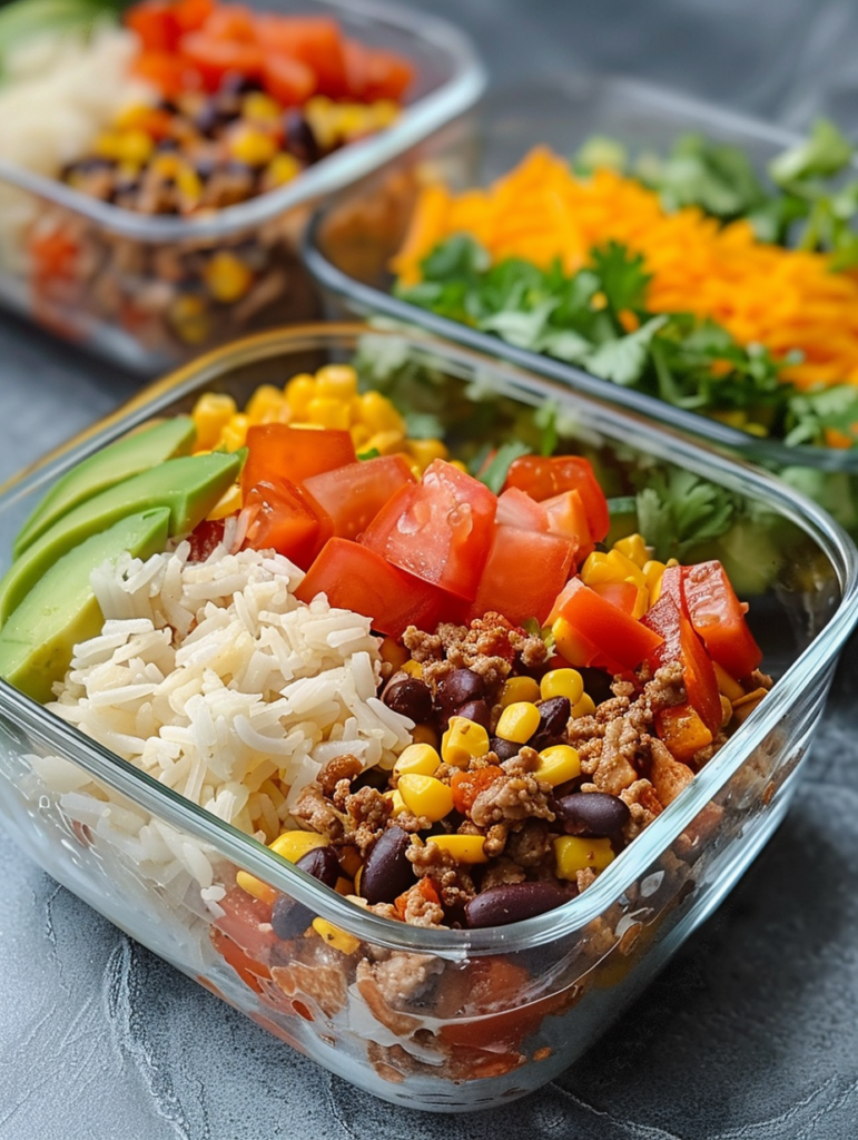 Meal prep containers filled with burrito bowl ingredients