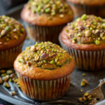 Freshly baked pistachio muffins with chopped pistachio topping