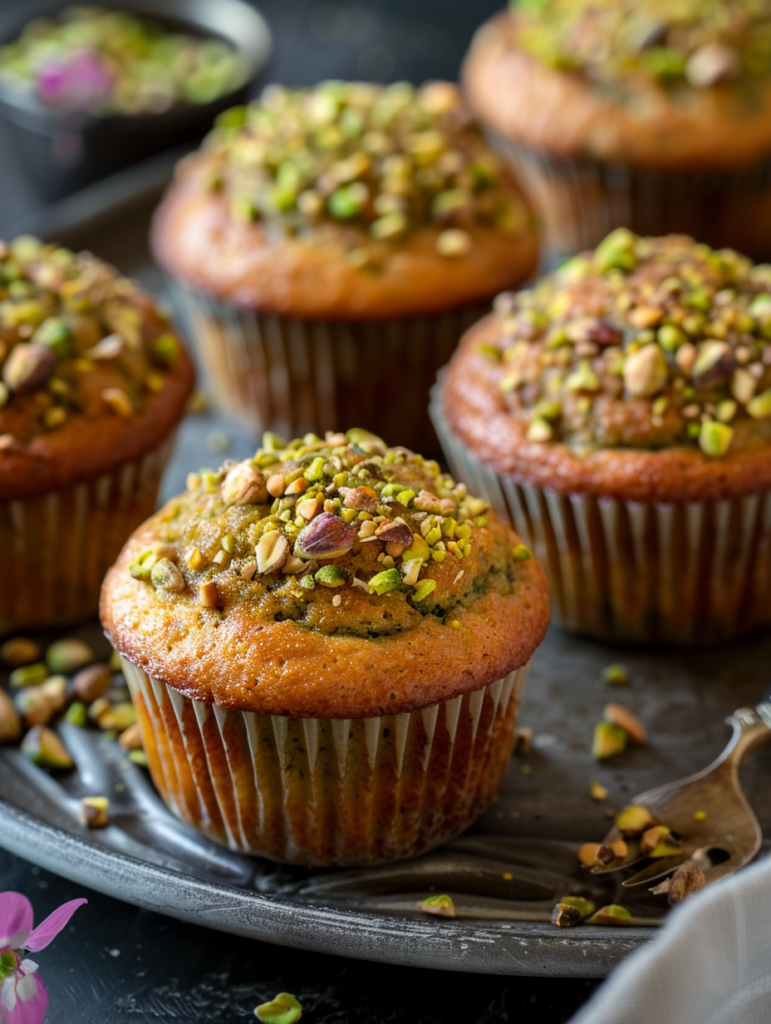 Freshly baked pistachio muffins with chopped pistachio topping