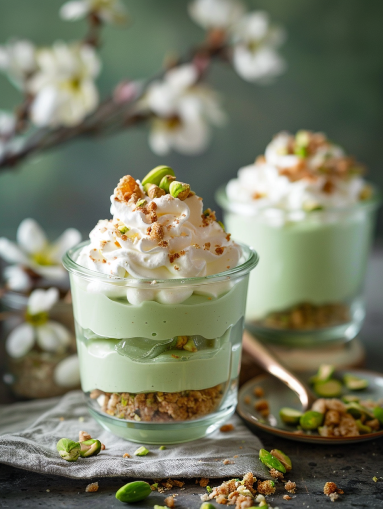 No-bake pistachio pudding parfaits with whipped cream