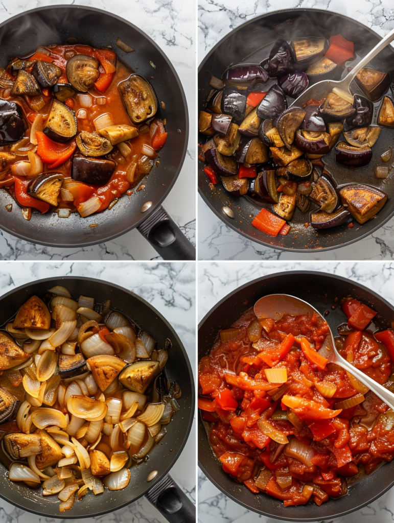  Plated eggplant stew with rice and herbs