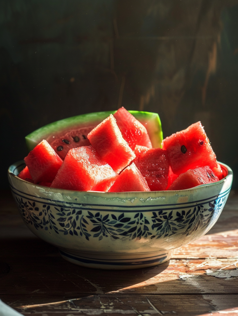 Step-by-step guide showing how to cut a watermelon into cubes and sticks